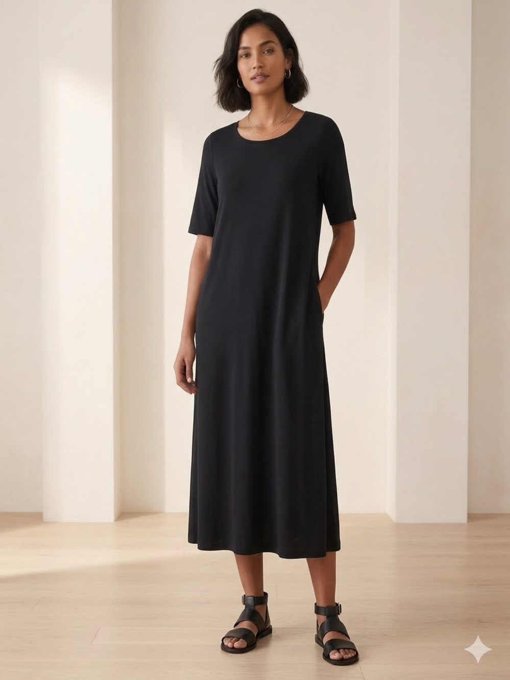 Eileen Fisher Black Viscose Spandex T-Shirt Dress Size XL